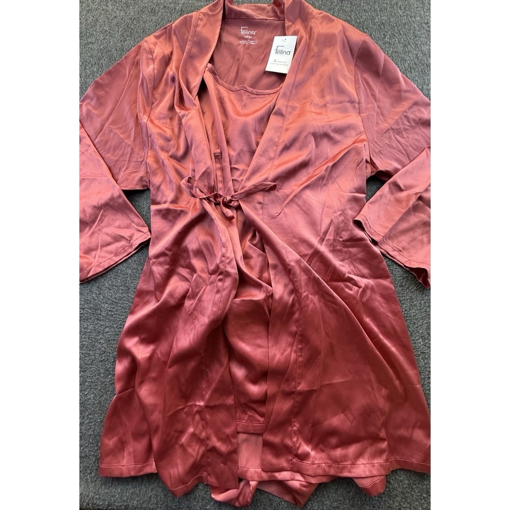 Felina Sleepwear Set Womens Medium 2 Piece Mineral Red Chemise Robe Satin New